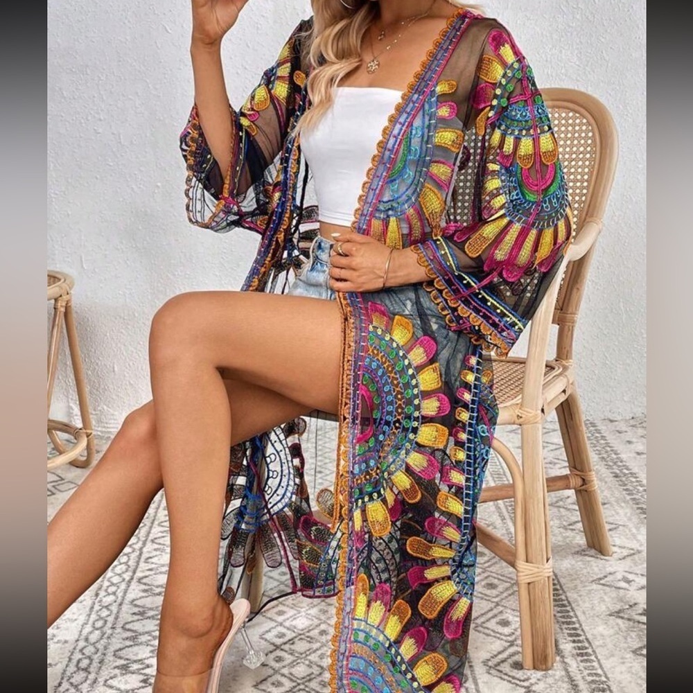 Black embroidered Swim sheer long kimono Coverup vacation beach island girl - Picture 4 of 4